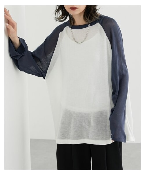 nissen（ニッセン）の「配色ラグランゆったりサイズシアーニット［Soiunique］（ニット/セーター・レディース・ブルー×アイボリー/ブラウン×アイボリー/ブラック×ブルーグレー・S~M/L~LL）」の7枚目の写真