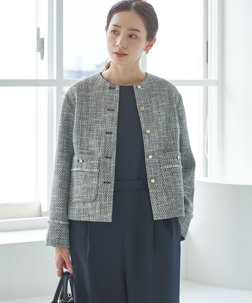 URBAN RESEARCH（アーバンリサーチ）の「ノーカラーツイードジャケット（ノーカラージャケット・レディース・OFF WHITE/BLACK MIX・Free）」の2枚目の写真