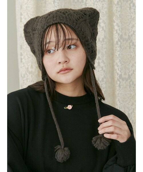 merry jenny（メリージェニー）の「animalポンポンニットcap（ニットキャップ/ビーニー・レディース・チャコールグレー/ピンク/ベージュ・F）」の3枚目の写真
