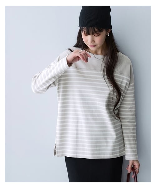 nissen（ニッセン）の「綿１００％スムースパネル風ボーダーカットソートップス＜大きいサイズ有＞（Tシャツ/カットソー・レディース・オフホワイト×ペールブルー/オフホワイト×ベージュ/ライトグレー×オフホワイト/オフホワイト×ネイビー/ネイビー×モカ/オフホワイト×ミルキーピンク/オフホワイト×ミルキーグリーン/マスタード×オフホワイト・S/M/L/LL/3L/4L/5L/6L/8L/10L）」の12枚目の写真