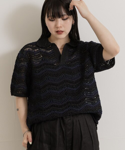 THE GOODLAND MARKET（ザグッドランドマーケット）の「米富繊維　ZIGZAG SUKASHI KNIT PULLOVER（ニット/セーター・レディース・64BLACK/02RED/40IVORY・FREE）」の4枚目の写真