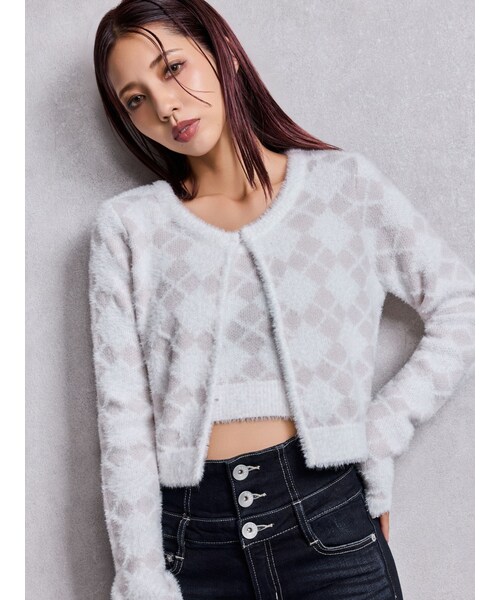 GYDA（ジェイダ）の「Argyll patternミニシャギーニットカーディガン（カーディガン/ボレロ・レディース・オフホワイト/ブラック・F）」の3枚目の写真