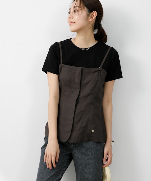 URBAN RESEARCH ROSSO（アーバンリサーチロッソ）の「F by ROSSO　リネン混ビスチェ+半袖Tシャツ（Tシャツ/カットソー・レディース・CCL×BLK/BEG×BEG/CHECK×OFF・FREE）」の2枚目の写真