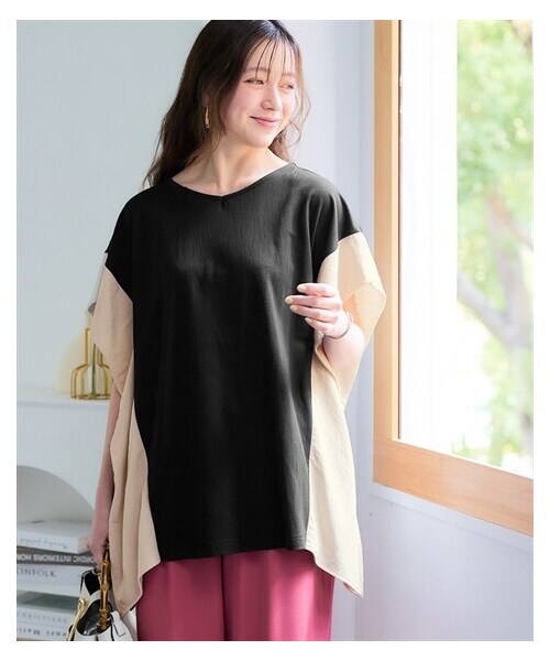 nissen（ニッセン）の「＜大きいサイズ＞美ラクRUタッチ配色プルオーバー（接触冷感・抗菌防臭・UVカット・遮熱）（Tシャツ/カットソー・レディース・黒×グレージュ/カーキグリーン×黒/プラムブラウン×黒・L~LL/3L~4L/5L~6L/8L/10L）」の7枚目の写真