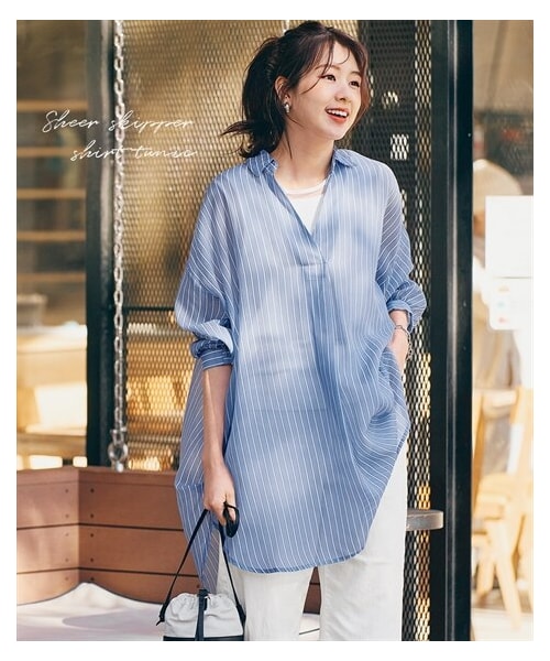 nissen（ニッセン）の「シアースキッパーシャツチュニック（チュニック・レディース・ブルー系ストライプ/ブラウン系ストライプ/チャコールグレー・S/M/L/LL）」の3枚目の写真