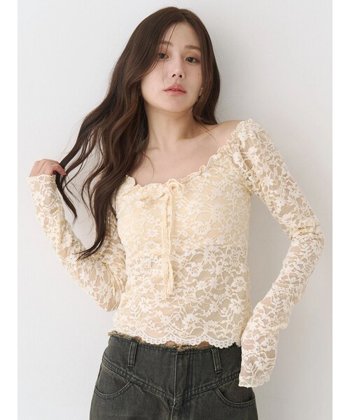CALNAMUR（カルナムール）の「ピーチレースパットイントップス（Tシャツ/カットソー・レディース・オフホワイト/ブラック/イエロー・F）」の9枚目の写真