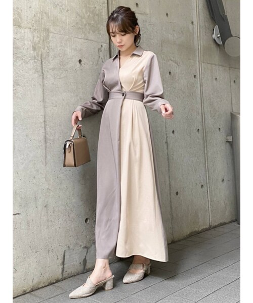 dazzlin（ダズリン）の「バイカラーシャツフレアワンピース（ワンピース・レディース・ライトミックス/ブラウン/ベージュ/ミックス・F）」の4枚目の写真