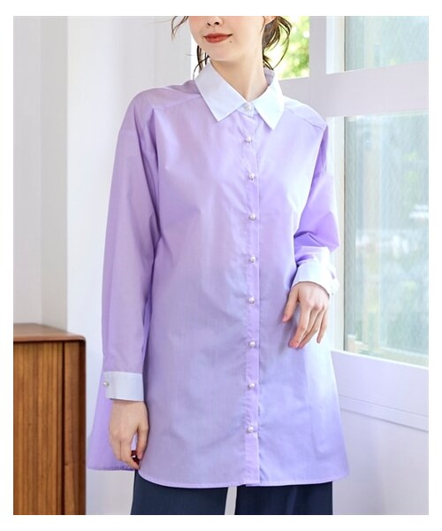 nissen（ニッセン）の「大きいサイズ パール調ボタン配色ゆるシルエットシャツ（シャツ/ブラウス・レディース・ネイビー/ラベンダー/イエローストライプ/オフホワイトストライプ・L~LL相当/3L~4L相当/5L~6L相当/8L相当/10L相当）」の19枚目の写真