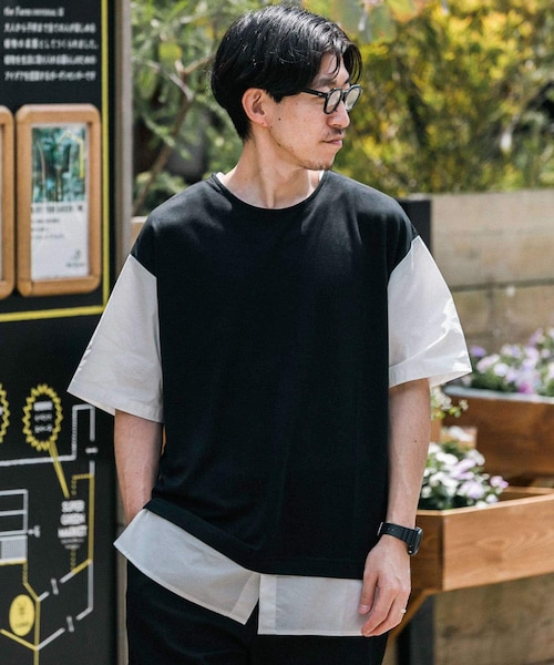 ITEMS URBANRESEARCH(アイテムズ アーバンリサーチ)の「布帛切替レイヤードクルーネックトップス(Tシャツ/カットソー・メンズ・BLK/BEG/MTD/GRY・M/L)」の1枚目の写真