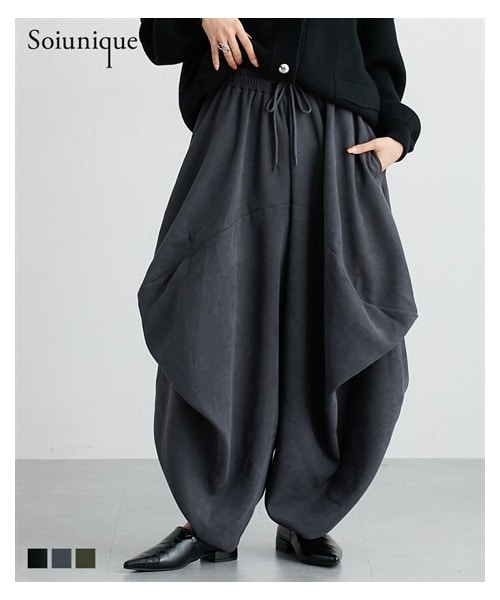 nissen（ニッセン）の「ツイル起毛ゆったりサイズ変形タックサルエルパンツ　［Soiunique］（パンツ・レディース・ブラック/チャコール/カーキ・1(M~L)/2(L~LL)/M/L）」の3枚目の写真