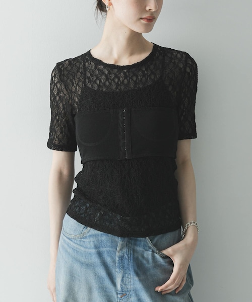 URBAN RESEARCH（アーバンリサーチ）の「ストレッチレースコンパクトTシャツ（Tシャツ/カットソー・レディース・OFF WHITE/BLACK・Free）」の13枚目の写真