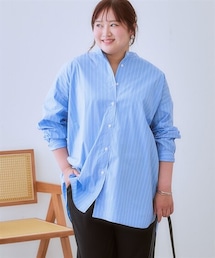 nissen | ＜大きいサイズ＞バックギャザーデザインストライプシャツチュニック(シャツ/ブラウス)