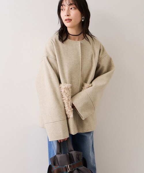 VIS（ビス）の「【WEB限定】ボアポケットノーカラーコート（その他アウター・レディース・チャコール/キナリ/ダークブラウン・F）」の20枚目の写真