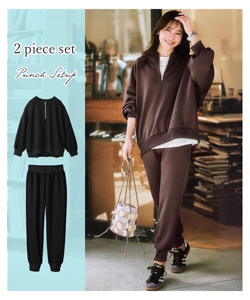 nissen（ニッセン）の「きれいめポンチセットアップ（ジップアップトップス＋ジョガーパンツ）＜大きいサイズ有＞（Tシャツ/カットソー・レディース・チャコールグレー/ブラウン/黒・S/M/L/LL/3L/4L/5L/6L）」の5枚目の写真