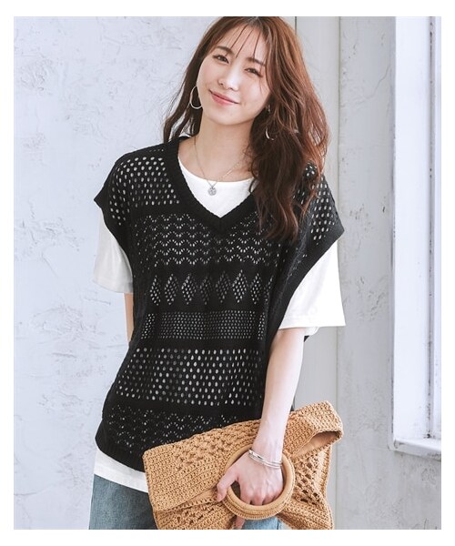 nissen（ニッセン）の「2点セット（透かし編みベスト＋Tシャツ）（ニット/セーター・レディース・黒/アイボリー/サックス/グリーン/パープル・S/M/L/LL/3L/4L/5L/6L）」の7枚目の写真