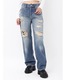 EVRIS | ランダムダメージセミワイドデニムパンツ(デニムパンツ)