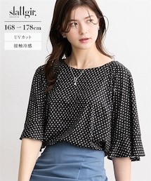slattgir | 高身長 ダイヤ柄プリント袖フレアカットソートップス(接触冷感・UVカット)(Tシャツ/カットソー)