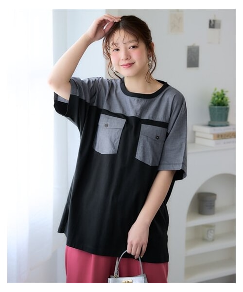 nissen（ニッセン）の「＜大きいサイズ＞綿混ダブルポケット異素材切替カットソートップス（Tシャツ/カットソー・レディース・黒/チャコール/ブルー・L/LL/3L/4L/5L/6L/8L/10L）」の5枚目の写真