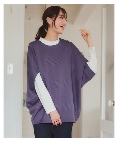 nissen（ニッセン）の「大きいサイズ　体型カバー２点セット（ドルマンスリーブジャガードカットソープルオーバー＋モックネックＴシャツ）（Tシャツ/カットソー・レディース・ネイビー+杢チャコールグレー/チョコブラウン+ベージュ/ピスタチオ+オフホワイト/スモーキーパープル+オフホワイト・L/LL/3L/4L/5L/6L/8L/10L）」の8枚目の写真