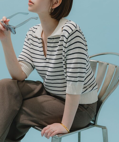 URBAN RESEARCH ROSSO（アーバンリサーチロッソ）の「F by ROSSO　オープンカラーサマーニット（ニット/セーター・レディース・L/BEIGE/BLUE/BORDER・FREE）」の4枚目の写真