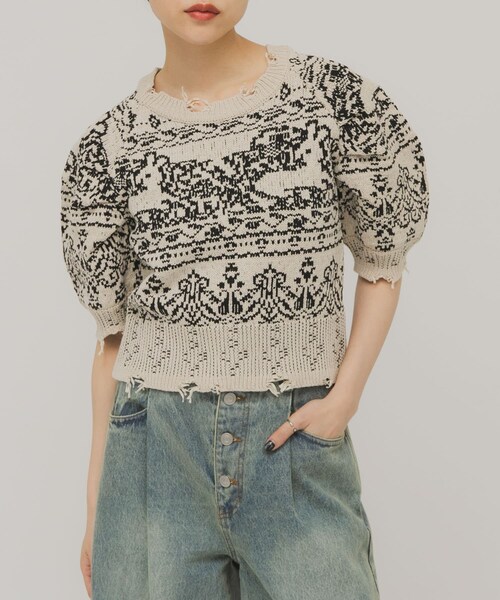 KBF（ケイビーエフ）の「ジャガードハーフスリーブニット（ニット/セーター・レディース・BEIGE/NAVY・One）」の8枚目の写真