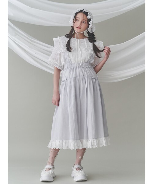 merry jenny（メリージェニー）の「ストライプリボンフレアジャンスカ（ジャンパースカート・レディース・オフホワイト/ピンク/グリーン/アイスブルー・F）」の10枚目の写真