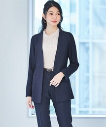 7days Life Styling | 【レディーススーツ】ストレッチロング丈ノーカラージャケットパンツスーツ（ジャケット＋テーパードパンツ）（多機能リネンライクシリーズ）(スーツセット)