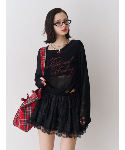 jouetie（ジュエティ）の「シアーギャザーロゴニット（ニット/セーター・レディース・オフホワイト/ブラック/ブルー・M）」の2枚目の写真