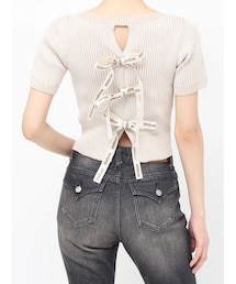 EVRIS | ハーフスリーブバックオープンリボンニットトップス(ニット/セーター)