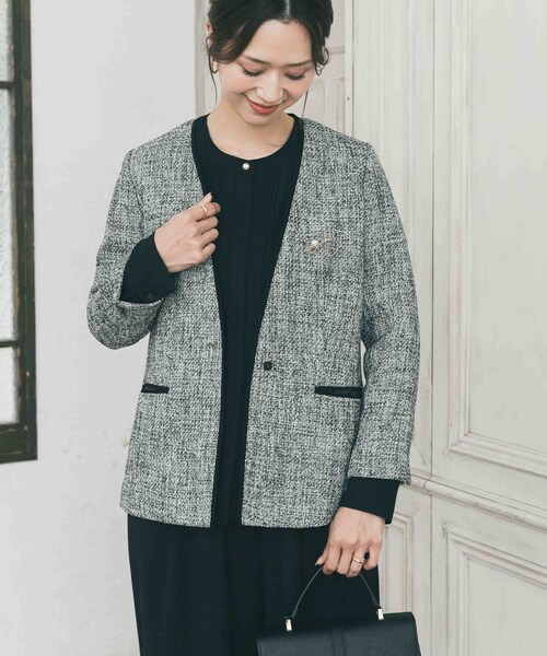 URBAN RESEARCH DOORS(アーバンリサーチドアーズ)の「ツィードVネックロングジャケット(その他アウター・レディース・OFF×BLK/NAVY・Free)」の7枚目の写真