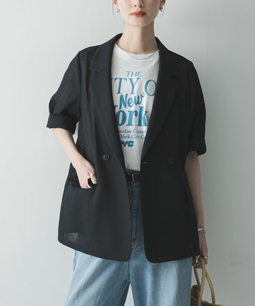 URBAN RESEARCH(アーバンリサーチ)の「シアーメッシュハーフスリーブジャケット(テーラードジャケット・レディース・BEIGE/D.NAVY・Free)」の2枚目の写真