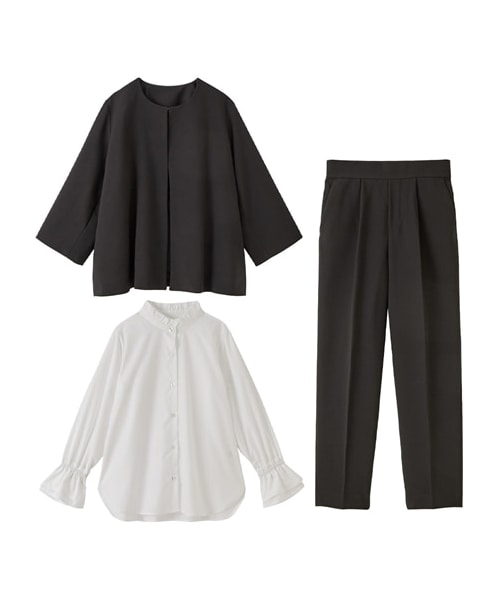 nissen（ニッセン）の「小さいサイズ　【入学式・卒業式・フォーマル】フォーマル３点セット（ノーカラージャケット+袖フリルブラウス+テーパードパンツ）　低身長さん・小柄女性（スーツセット・レディース・ネイビー/ブラック・PSS/PS/PM/PL）」の4枚目の写真