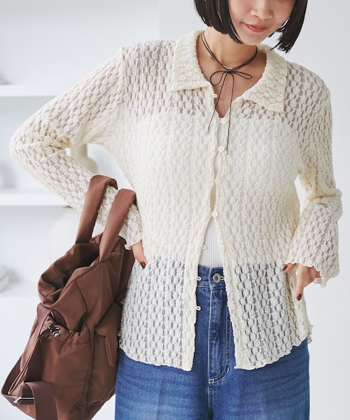 VIS（ビス）の「レースポロ襟カーディガン（カーディガン/ボレロ・レディース・ブラック/キナリ/ブラウン系・F）」の4枚目の写真