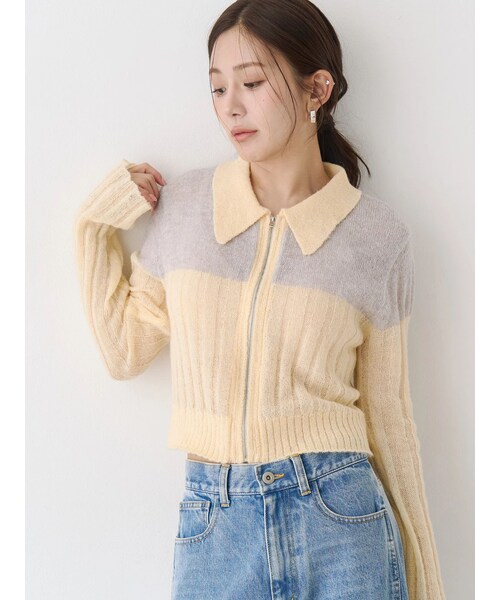 CALNAMUR（カルナムール）の「フロントジップバイカラーニット（ニット/セーター・レディース・ピンク/イエロー/アイスブルー・F）」の9枚目の写真