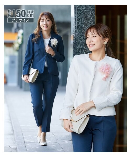 nissen（ニッセン）の「小さいサイズ　【入学式・卒業式・フォーマル】フォーマル４点セット（ノーカラージャケット+ロング丈ジャケット+シフォンブラウス+テーパードパンツ）　低身長さん・小柄女性（フォーマルスーツ/小物・レディース・ネイビー/ブラック・PSS/PS/PM/PL）」の8枚目の写真