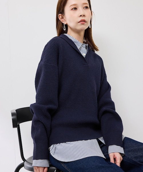 ROPE' PICNIC(ロペピクニック)の「スキッパーポロニットプルオーバー/イージーケア(ニット/セーター・レディース・グレー/オフホワイト/ダークグリーン/ネイビー・F)」の4枚目の写真