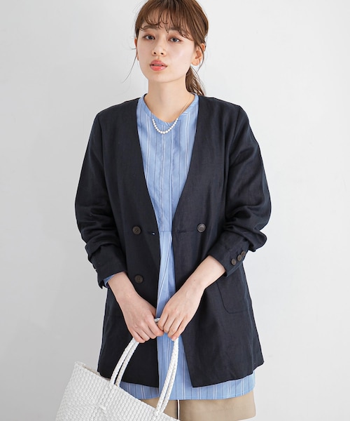 URBAN RESEARCH Sonny Label（アーバンリサーチサニーレーベル）の「リネンノーカラージャケット（ノーカラージャケット・レディース・エクリュ/ネイビー/グレージュ・FREE/Free）」の3枚目の写真