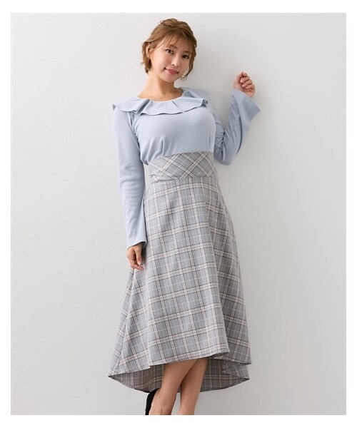 nissen（ニッセン）の「【大きい胸専用】リブカットソー×コルセットワンピース（片側ポケット付）（ワンピース・レディース・サックス×ネイビー系チェック/ブラック×ブラウン系チェック・FS/FM/FL/FLL/F3L）」の6枚目の写真