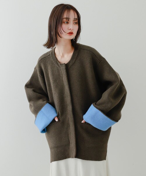 SENSE OF PLACE by URBAN RESEARCH(センスオブプレイスバイアーバンリサーチ)の「バイカラーニットコート(テーラードジャケット・レディース・GRE×YEL/RED×GRE/PPL×C.GRY/MOC×BLU・one)」の7枚目の写真