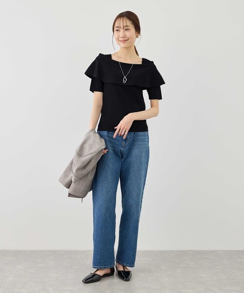 ROPE' PICNIC（ロペピクニック）の「八方映えニット ハーフスリーブケープニットプルオーバー/UVカット・接触冷感・イージーケア（ニット/セーター・レディース・ブラック/オフホワイト/ブラウン/サックス・F）」の17枚目の写真