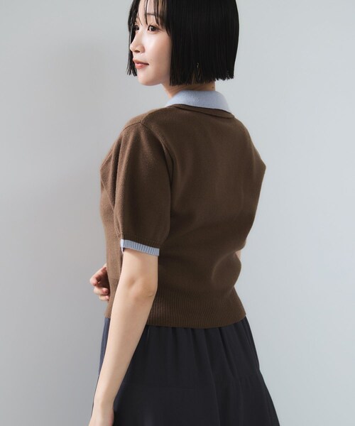 VIS（ビス）の「ダブルカラーポロトップス（ポロシャツ・レディース・チャコール/キナリ/ブラウン・F）」の15枚目の写真
