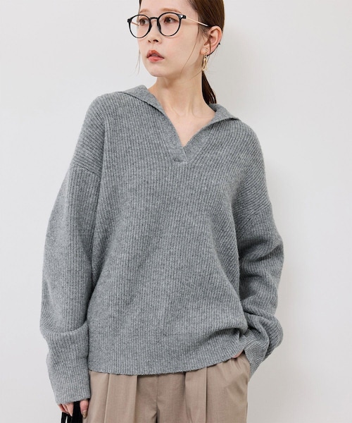 ROPE' PICNIC(ロペピクニック)の「スキッパーポロニットプルオーバー/イージーケア(ニット/セーター・レディース・グレー/オフホワイト/ダークグリーン/ネイビー・F)」の2枚目の写真