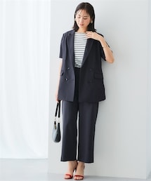 7days Life Styling | 【レディーススーツ】うすカルサッカー調素材半袖ジャケットセミワイドパンツスーツ（ダブルブレストテーラードジャケット＋パンツ）＜大きいサイズ有＞(スーツセット)