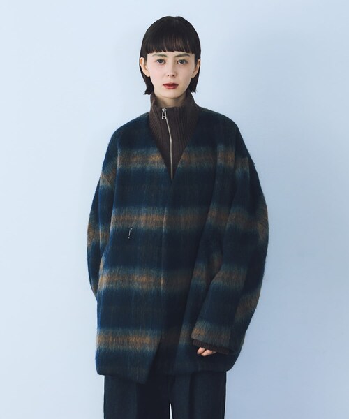 THE GOODLAND MARKET（ザグッドランドマーケット）の「cwtch　CHECK MIDDLE COAT（ノーカラージャケット・レディース・BEIGE/NAVY・FREE）」の12枚目の写真