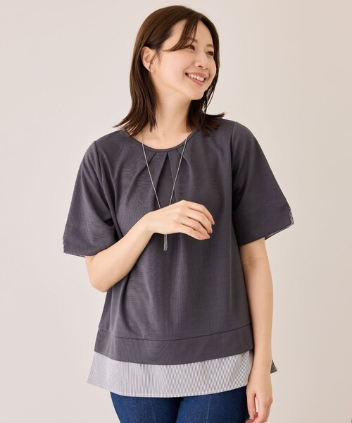 Jayro(ジャイロ)の「配色ストライプ半袖カットソー(Tシャツ/カットソー・レディース・チャコール/ベージュ系/ネイビー/ブルー系・M)」の1枚目の写真