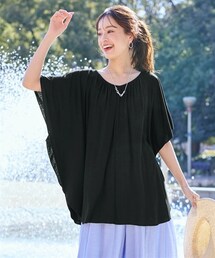 nissen | ＜大きいサイズ＞たっぷりドレープVネックギャザー入ドルマンチュニック（接触冷感・UVカット）(チュニック)