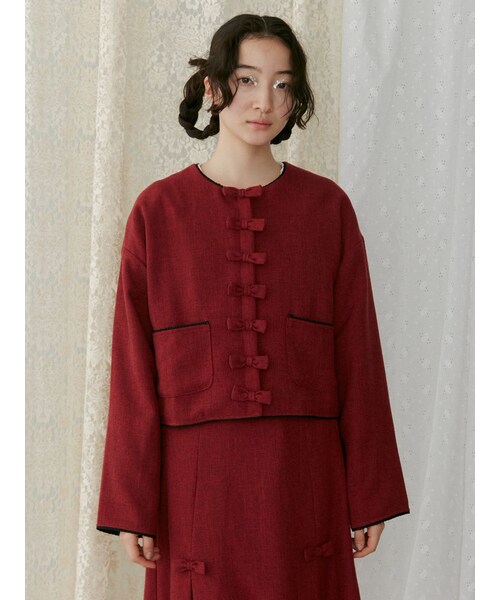 merry jenny（メリージェニー）の「リボンノーカラージャケット【セットアップ着用可能】（ノーカラージャケット・レディース・ブラック/レッド/グリーン・F）」の6枚目の写真