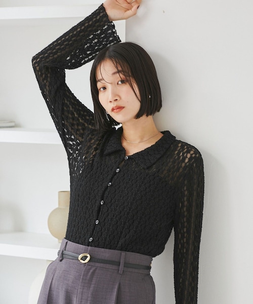VIS（ビス）の「レースポロ襟カーディガン（カーディガン/ボレロ・レディース・ブラック/キナリ/ブラウン系・F）」の2枚目の写真