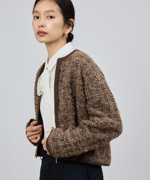 ROPE'（ロペ）の「ツイードZIPノーカラーカーディガン/イージーケア（カーディガン/ボレロ・レディース・ブラウン/キナリ/ブラウン系・F）」の8枚目の写真