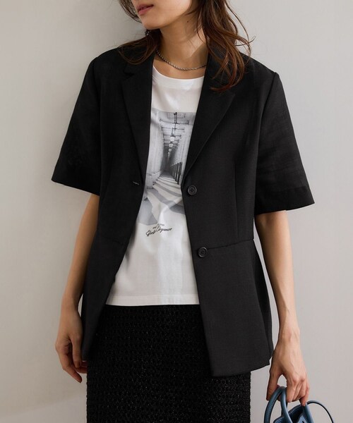 ROPE'（ロペ）の「リネンライク ベルテッドジャケット/セットアップ対応（テーラードジャケット・レディース・ブラック/ベージュ・36/38）」の2枚目の写真